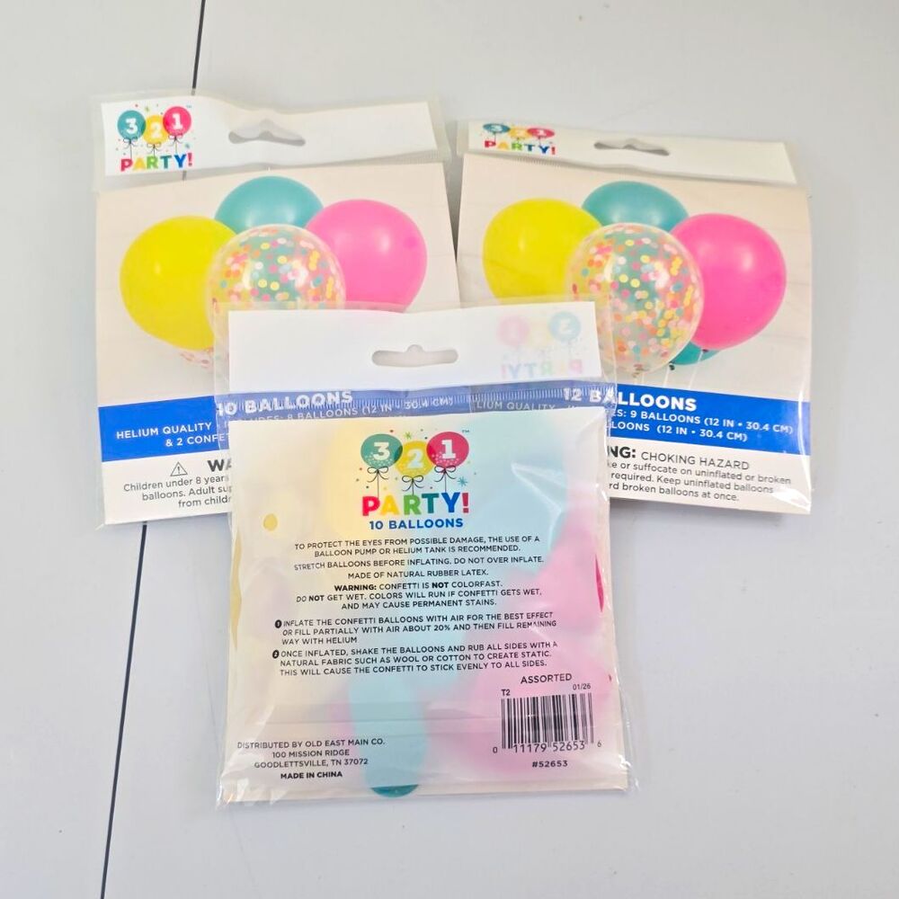 (B8) 321 Party! Party Balloons 10-Pack 12in Multicolor Confetti Helium Quality